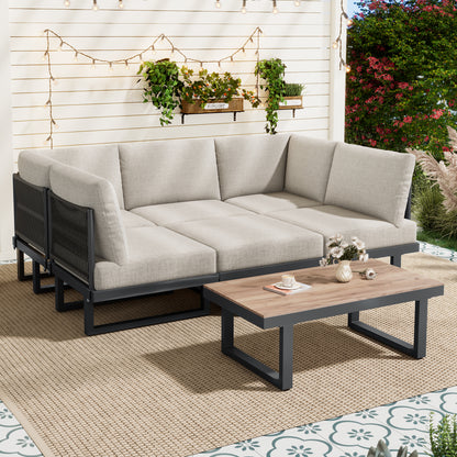 5-6 Seater Modular Garden Relaxation Set, Galvanized Iron Frame Outdoor Patio Furniture, 5-piece Set, Glass Tabletop Table Included, All Chairs And Backrest Cushions, Grey