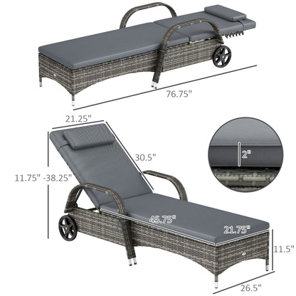 Outdoor Chaise Lounge, 5-Level Adjustable Backrest Rattan Pool Lounge Chair With Wheels, Cushion & Headrest, Gray