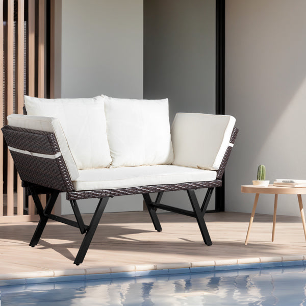 Stretchable Brown Rattan, Beige Cushion, Woven Rattan Bench