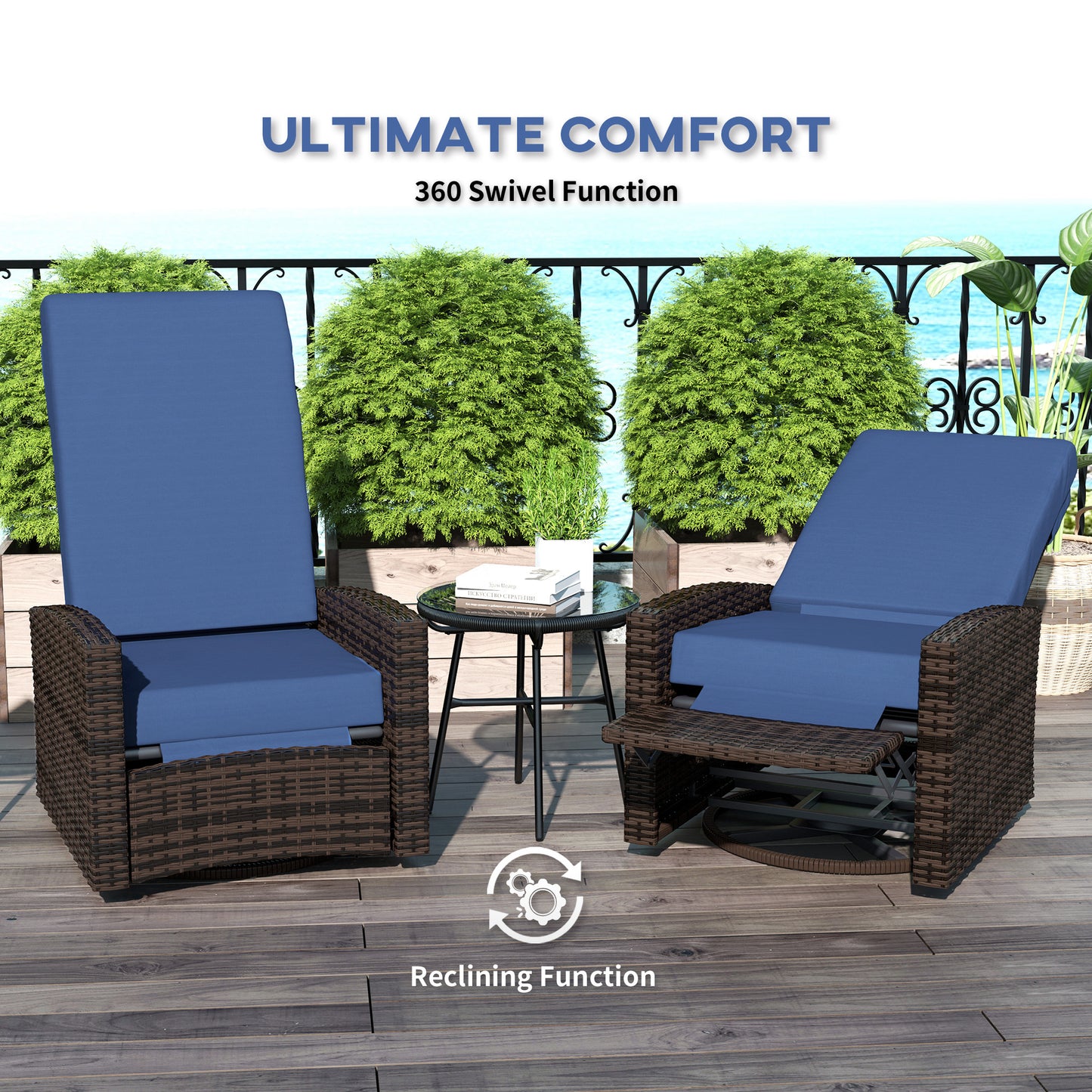 Outdoor Wicker Swivel Recliner Chair, Lifting Footrest, 360 Rotating Basic, Water-resistant Cushions, Dark Blue