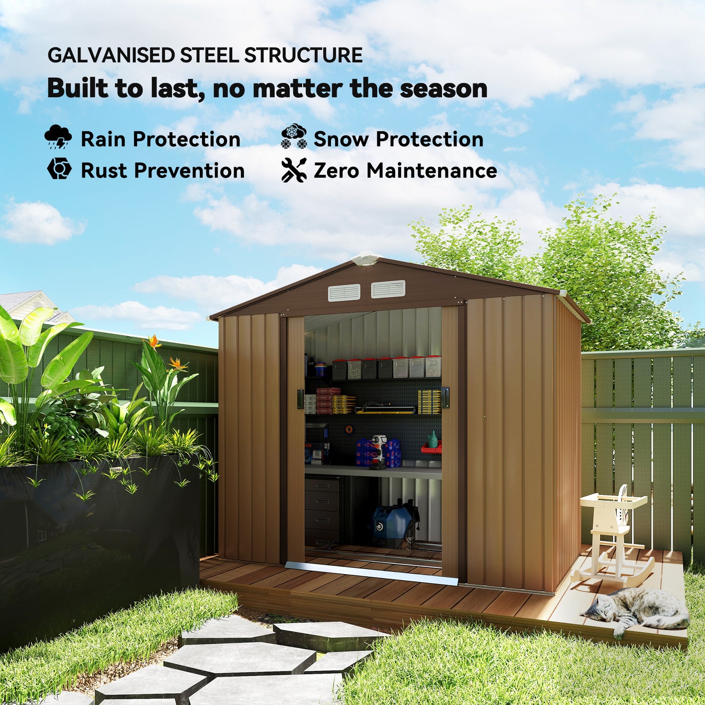 7 X 4ft Lockable Metal Garden Tool Storage Shed, Outdoor Storage Shed With Foundation And Vents, Light Brown