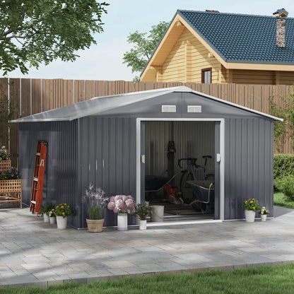 12.6' X 11' Metal Storage Shed, Garden Tool House With Double Sliding Doors, 4 Air Vents For Backyard, Patio & Lawn, Dark Gray