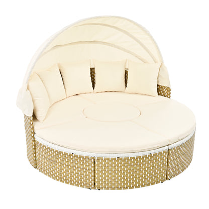TOPMAX Patio Furniture Round Outdoor Sectional Sofa Set Rattan Daybed Two-Tone Weave Sunbed With Retractable Canopy, Separate Seating And Removable Cushion, Beige