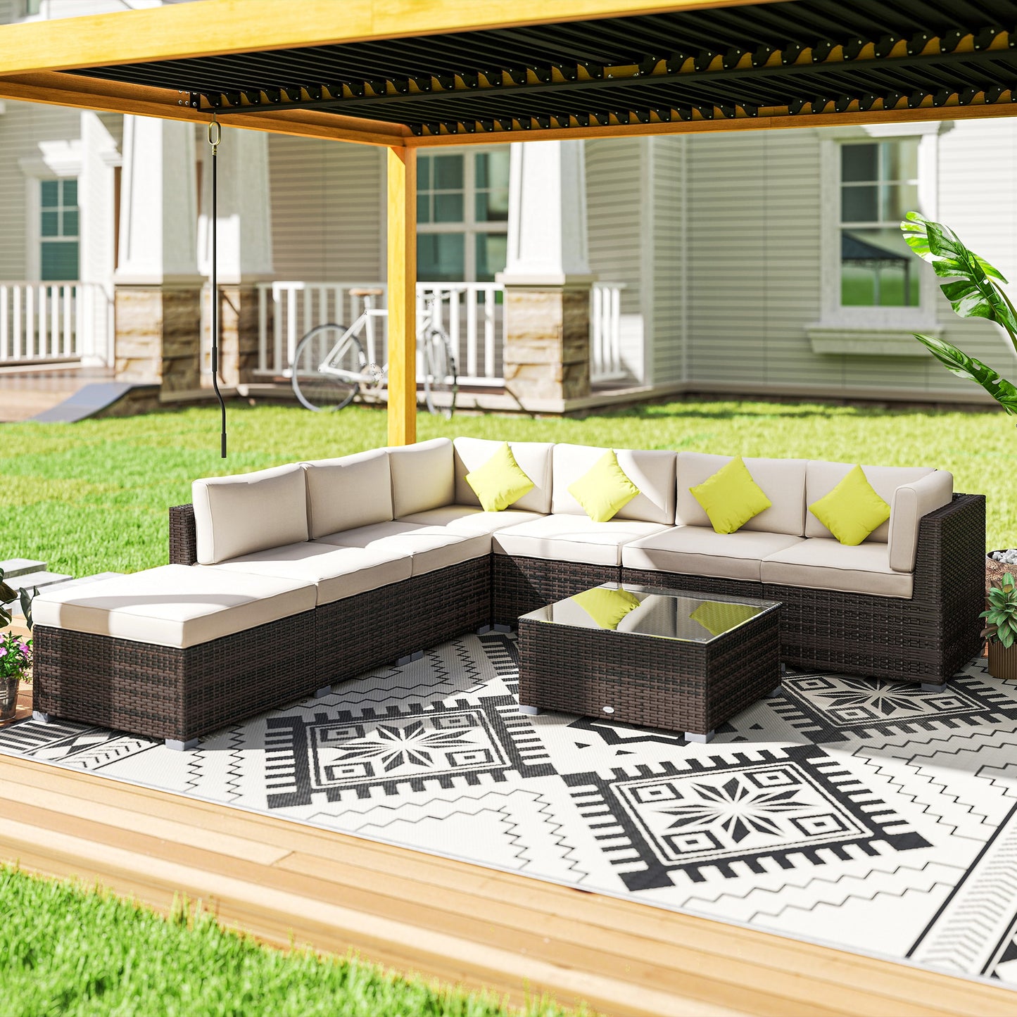 8 Piece Rattan Corner Sofa Set With Wide & Deep Seat, Assembled Aluminium PE Rattan Garden Furniture Set With Thick Cushions And Glass Top Table For Outdoor, Conservatory, Mixed Brown