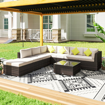 8 Piece Rattan Corner Sofa Set With Wide & Deep Seat, Assembled Aluminium PE Rattan Garden Furniture Set With Thick Cushions And Glass Top Table For Outdoor, Conservatory, Mixed Brown