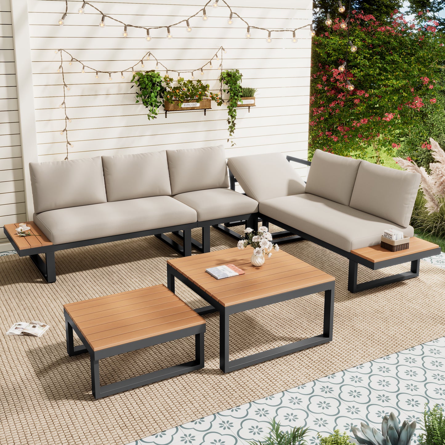 5-6 Seater Garden Lounge Set, Galvanized Iron Frame Outdoor Patio Furniture, 6-Piece Set, Reclining & Adjustable Seating, 2 WPC Tabletop Table Included, Gray Fabric  Black Frame