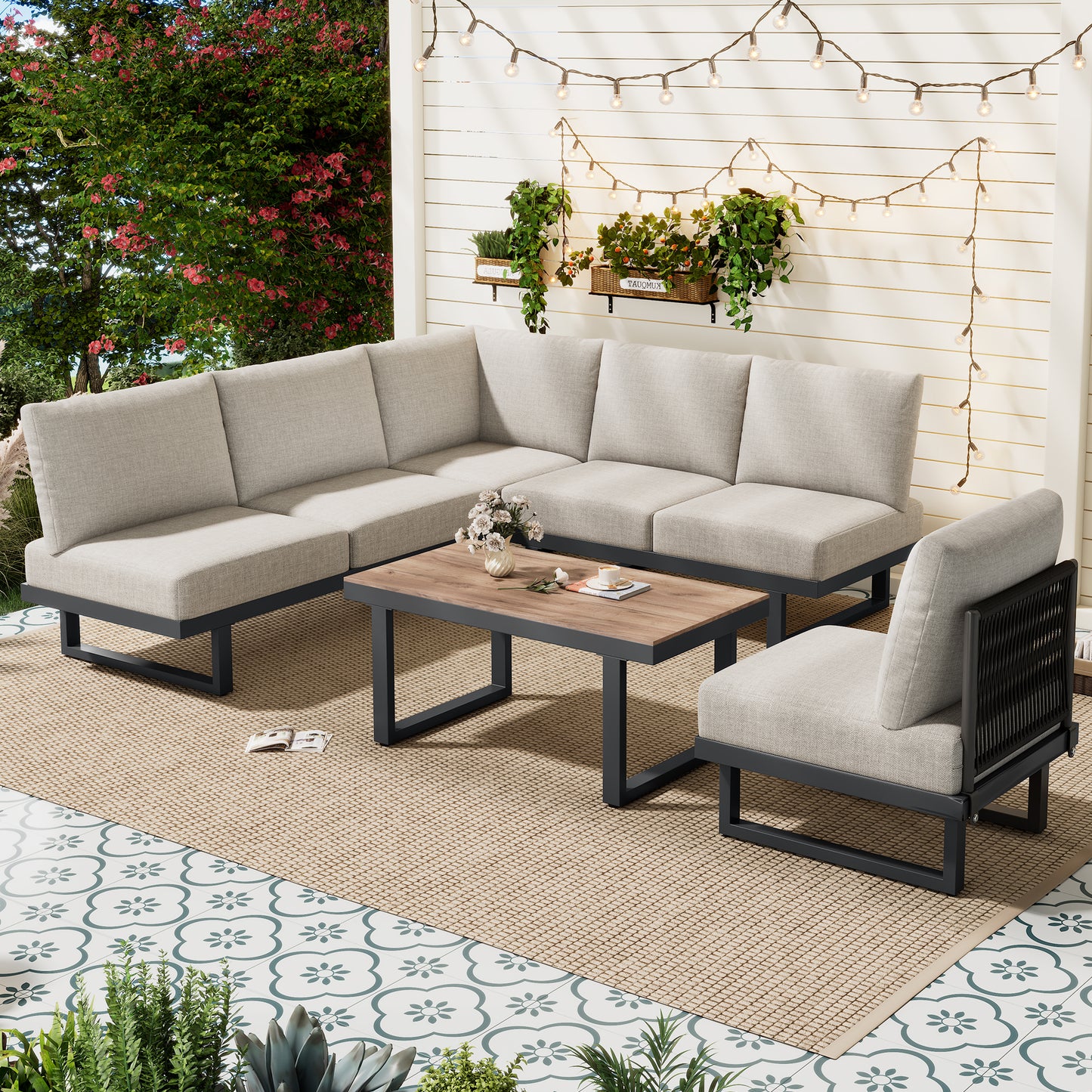 5-6 Seater Modular Garden Relaxation Set, Galvanized Iron Frame Outdoor Patio Furniture, 5-piece Set, Glass Tabletop Table Included, All Chairs And Backrest Cushions, Grey
