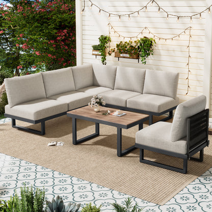 5-6 Seater Modular Garden Relaxation Set, Galvanized Iron Frame Outdoor Patio Furniture, 5-piece Set, Glass Tabletop Table Included, All Chairs And Backrest Cushions, Grey