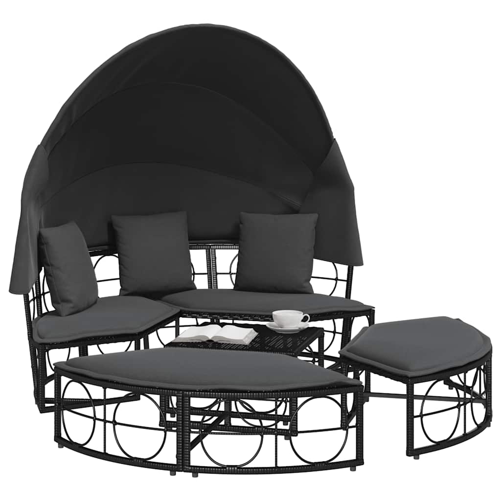 Outdoor Lounge Bed with Canopy and Cushions, Poly Rattan