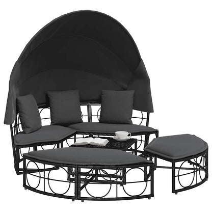 Outdoor Lounge Bed with Canopy and Cushions, Poly Rattan