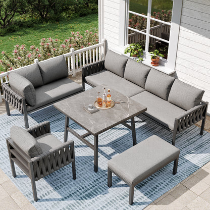 Garden Furniture Set, Rope-weave Outdoor Sofa Set With Galvanized Steel Frame, Adjustable Legs, L-shaped Sofa, Tempered Glass Table Top, Includes All Seat And Back Cushions, Grey
