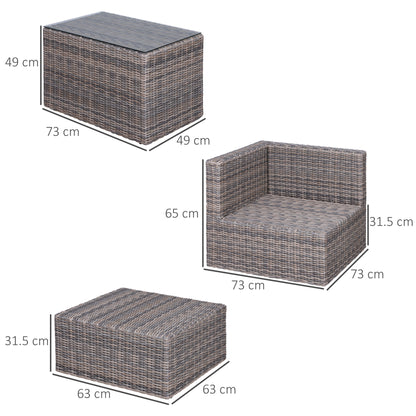 5 Piece Rattan Garden Furniture Set W/ 10cm Thick Cushions, Aluminium Frame Wicker Outdoor Balcony Sofa Set With Corner Armchairs, Ottomans, And Glass Top Table, Mixed Brown