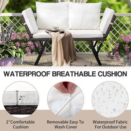 Stretchable Brown Rattan, Beige Cushion, Woven Rattan Bench