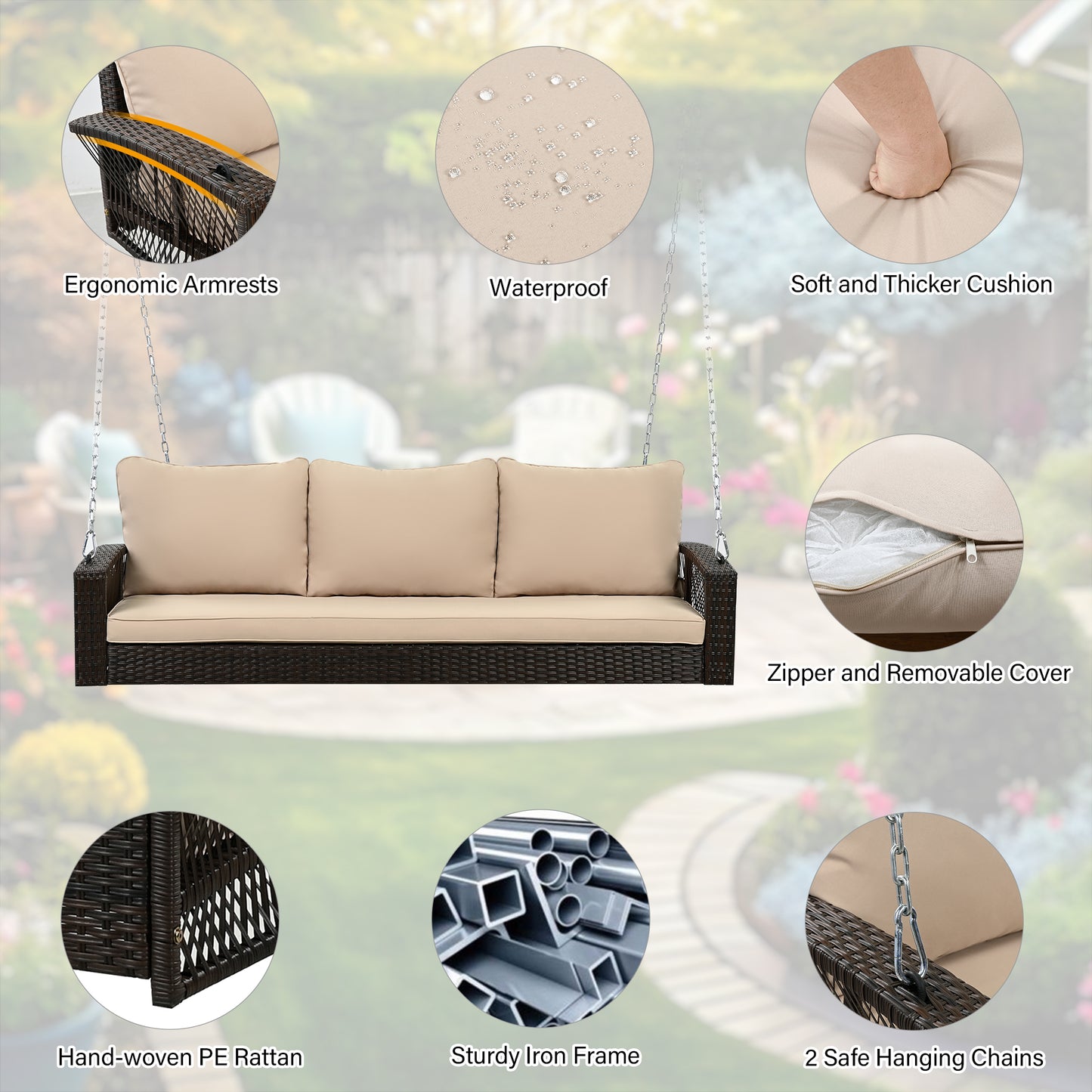 GO 69 PE Wicker 3-Person Porch Swing With Chains, Large Patio Swing Bench With Cushions For Backyard, Garden, And Poolside, Brown