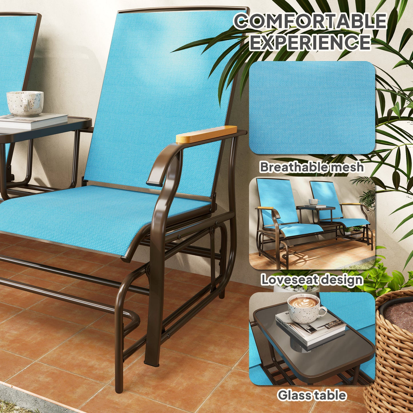 Outdoor 2-Person Glider Bench, Outside Glider Swing Chair Loveseat With Table, Steel Frame, Blue