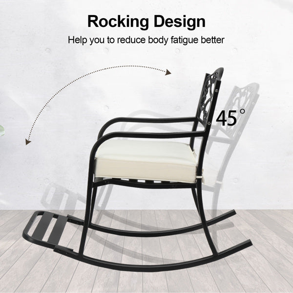 Metal Rocking Chair, Outdoor Rocking Bench With Cushion, Patio Rocker With Footrest, Weatherproof Rocking Chair For Outside, Patio, Garden, Flower Backrest