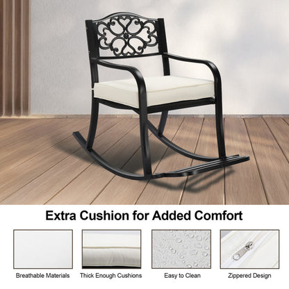 Metal Rocking Chair, Outdoor Rocking Bench With Cushion, Patio Rocker With Footrest, Weatherproof Rocking Chair For Outside, Patio, Garden, Flower Backrest