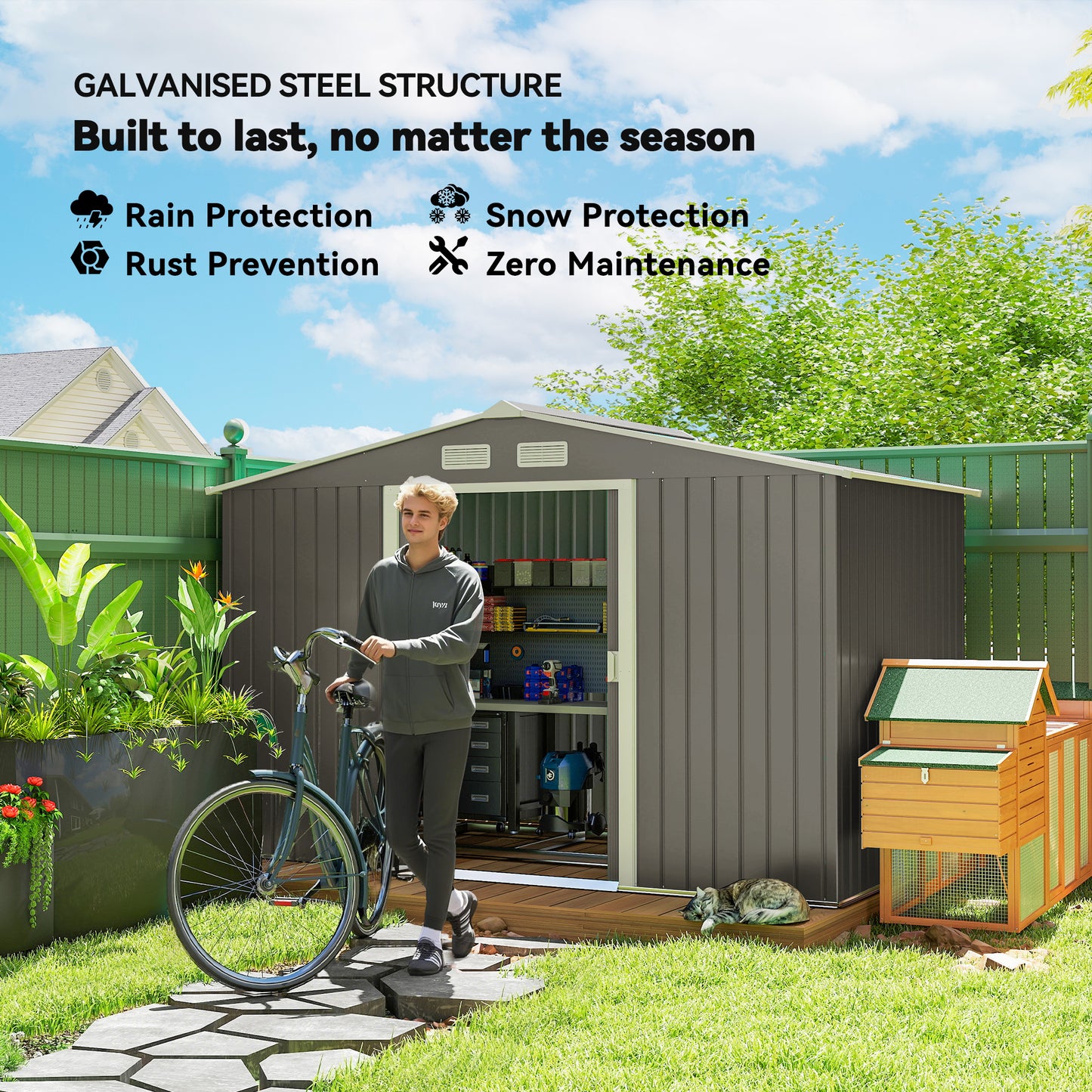 9 X 6FT Outdoor Garden Roofed Metal Storage Shed Tool Box With Foundation Ventilation & Doors Light, Grey