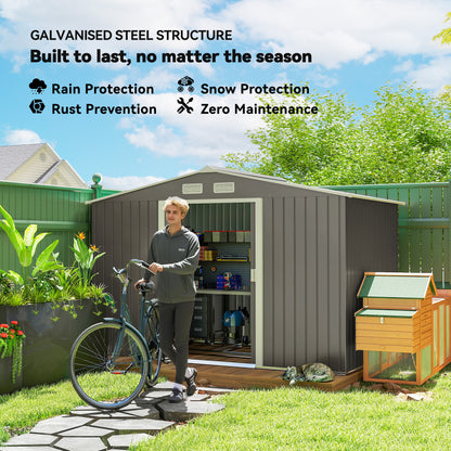 9 X 6FT Outdoor Garden Roofed Metal Storage Shed Tool Box With Foundation Ventilation & Doors Light, Grey