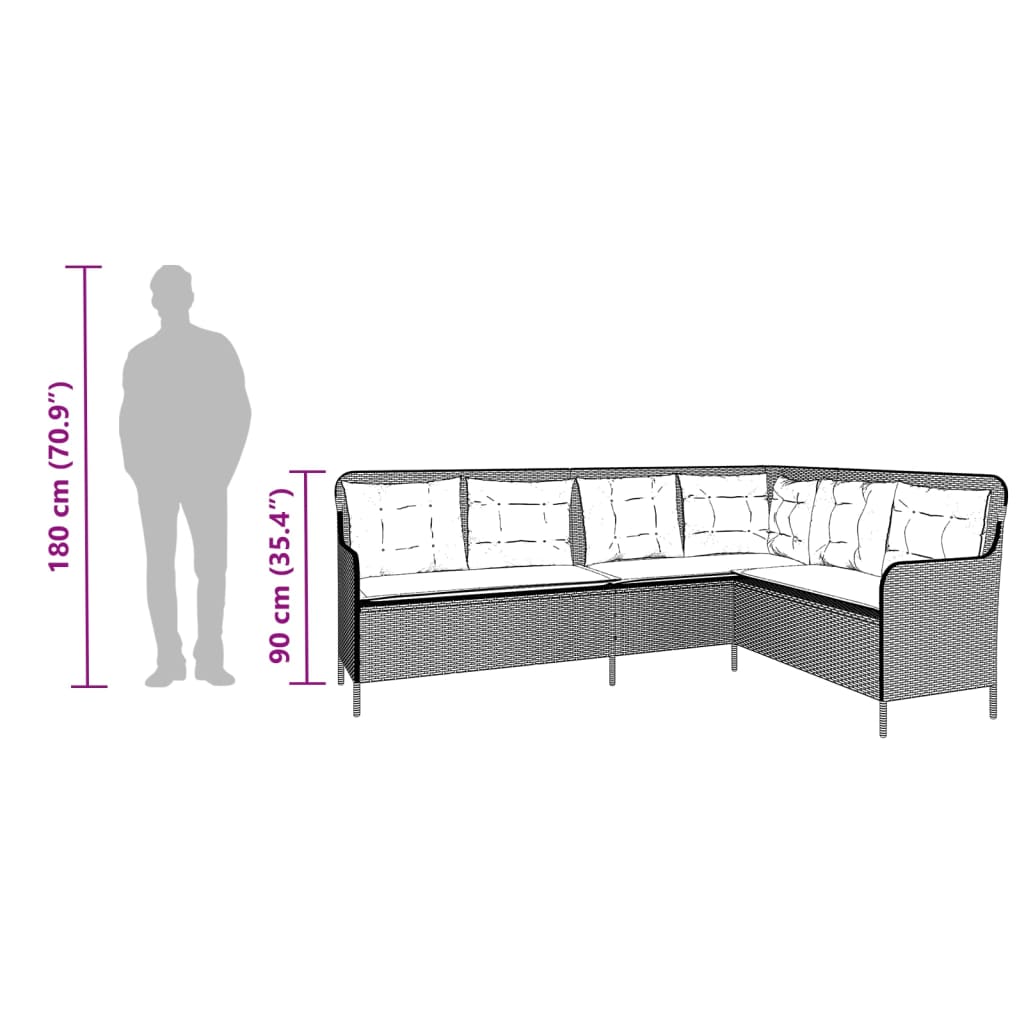 L-shaped garden sofa with cushions, poly rattan