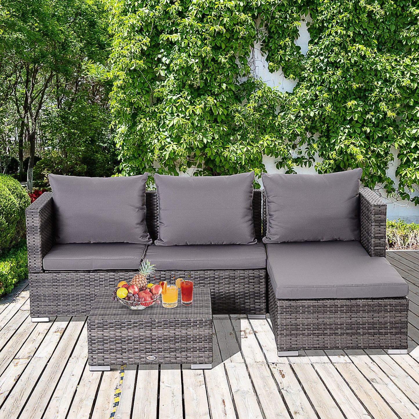 3PC Rattan Garden Furniture Storage Sofa Set 4 Seater Wicker Coffee Table Conservatory Sun Lounger Reclining Set Outdoor Weave With Cushion Grey
