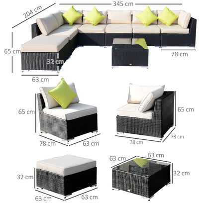 8 Piece Rattan Corner Sofa Set With Wide & Deep Seat, Assembled Aluminium PE Rattan Garden Furniture Set With Thick Cushions And Glass Top Table For Outdoor, Conservatory, Black