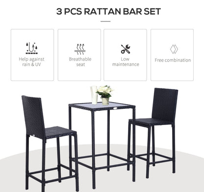 Wicker Bar Set, 3-Piece Outdoor Counter Height With Glass Top Table & Stools, All-Weather - Black