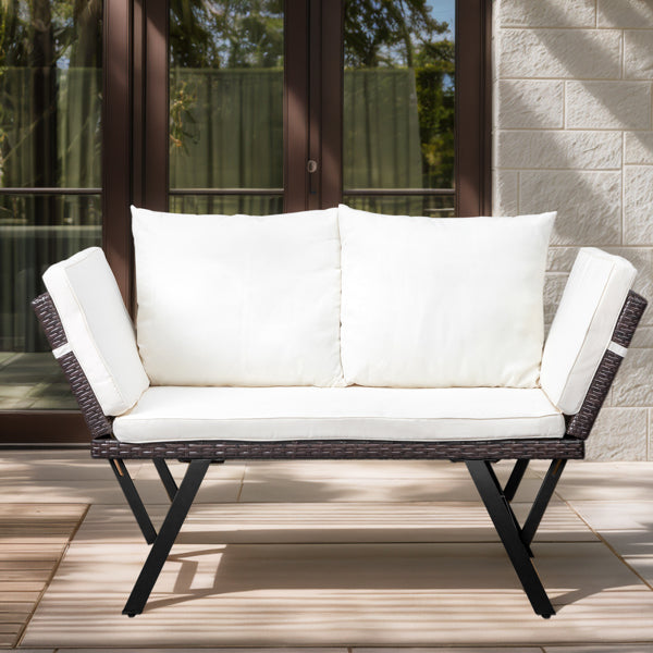 Stretchable Brown Rattan, Beige Cushion, Woven Rattan Bench
