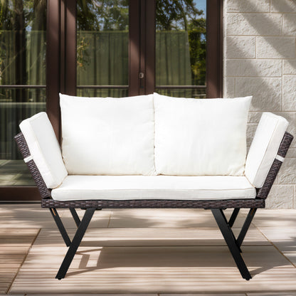 Stretchable Brown Rattan, Beige Cushion, Woven Rattan Bench