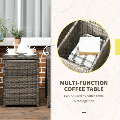 3 Pieces Rattan Bistro Set, Wicker Garden Furniture Set With Storage Coffee Table And Chairs, Thickened Cushions For Outdoor, Patio, Balcony, Grey