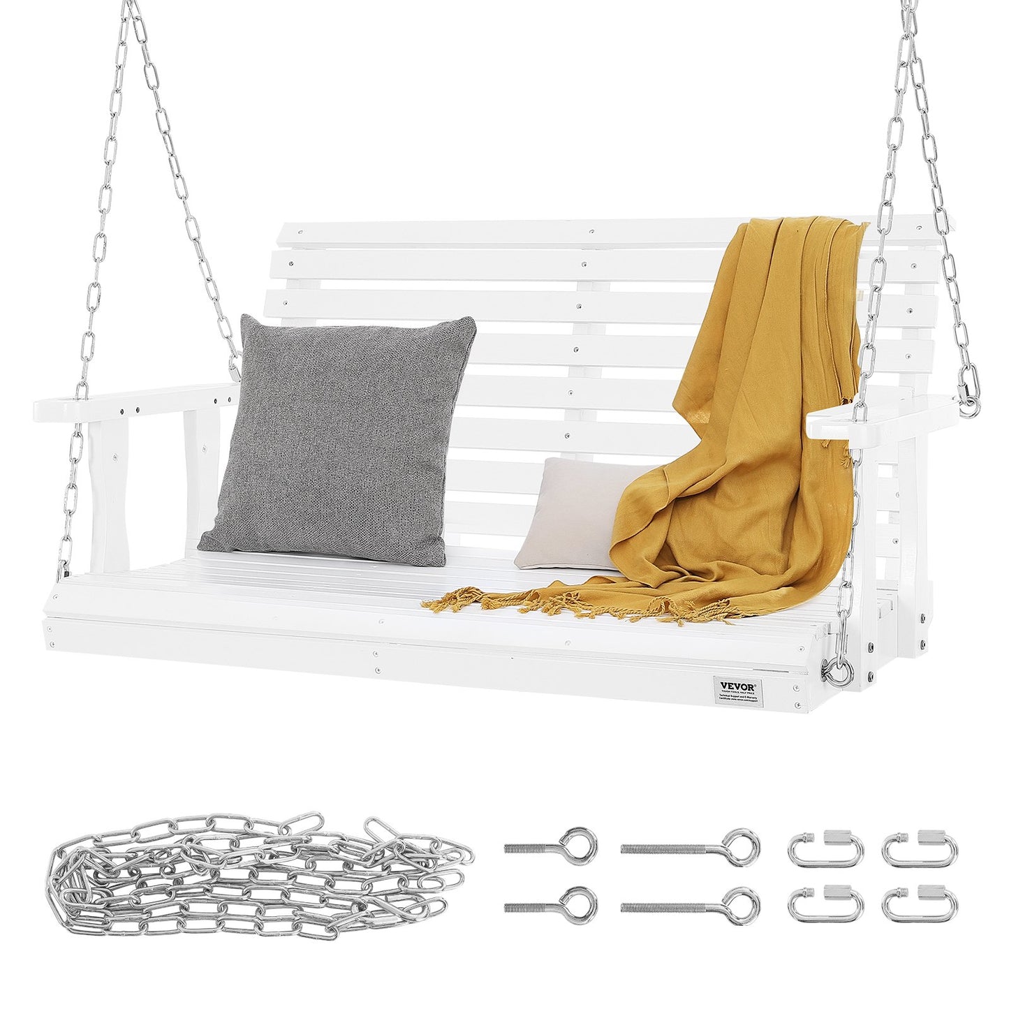 Wooden Porch Swing 4 Ft, Patio Bench Swing For Courtyard & Garden, Upgraded 880 Lbs Strong Load Capacity, Heavy Duty Swing Chair Bench With Hanging Chains For Outdoors, White