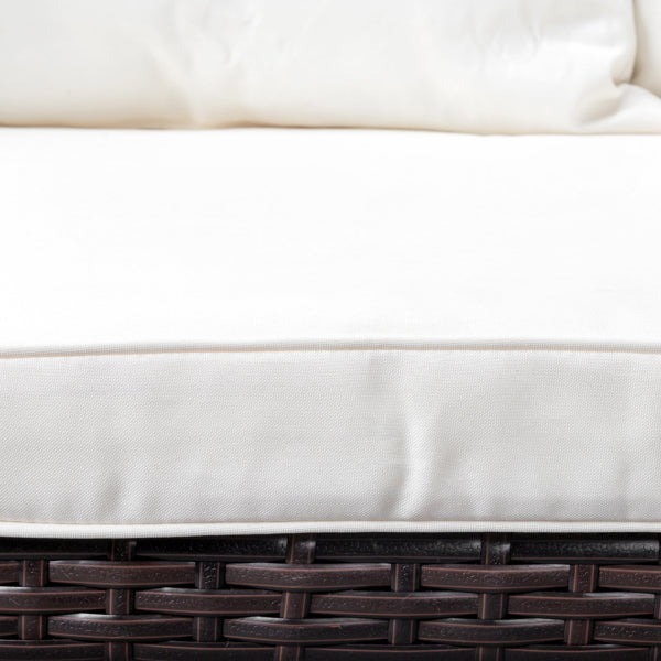 Stretchable Brown Rattan, Beige Cushion, Woven Rattan Bench