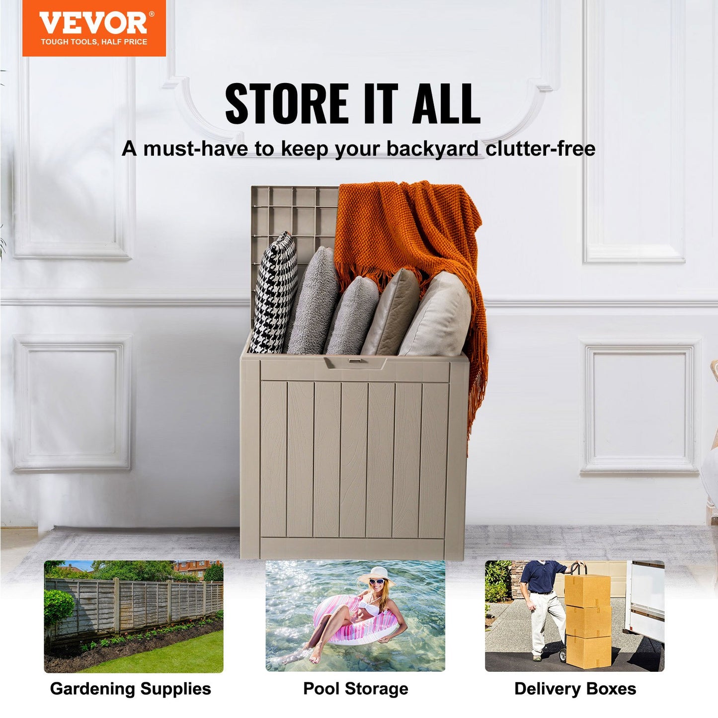 Outdoor Storage Box, 31 Gallon Resin Deck Box, Backyard Outside Toy And Towel Storage Cabinet Waterproof, For Patio Furniture Cushions, Garden Tools, Pool Supplies & Package Delivery (Grey)