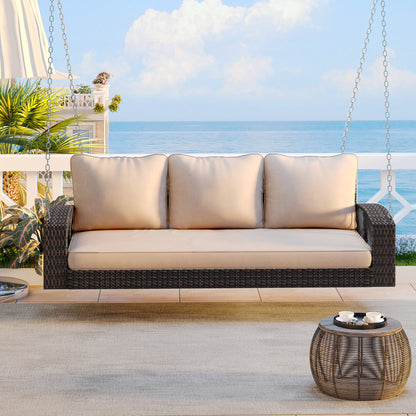 GO 69 PE Wicker 3-Person Porch Swing With Chains, Large Patio Swing Bench With Cushions For Backyard, Garden, And Poolside, Brown