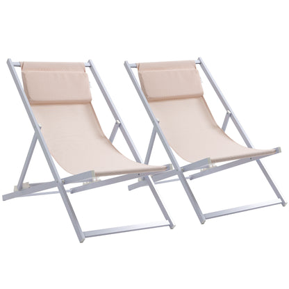 Set Of 2 Folding Garden Beach Aluminium Frame Deck Chairs Deckchairs Seaside Folding Garden Patio Lounger, Beige