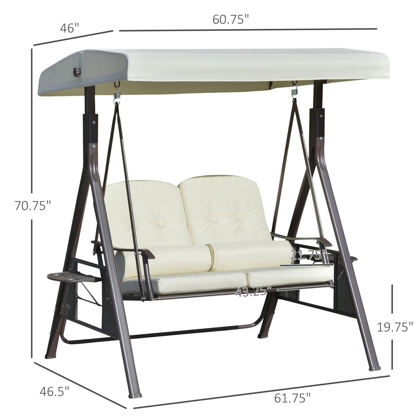 2-Person Patio Swing Bench with Adjustable Shade Canopy, Soft Cushions, Throw Pillows and Tray, Beige.