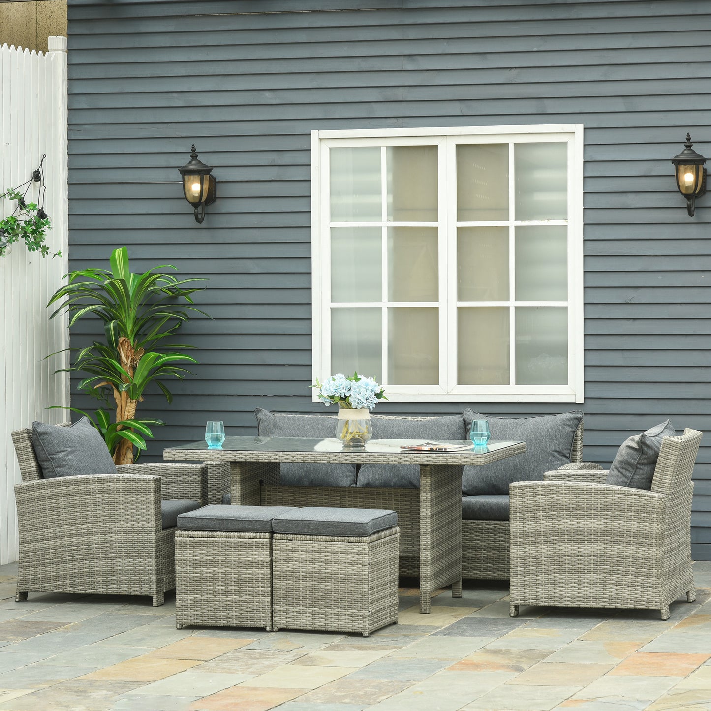 6 Pieces PE Rattan Garden Furniture Set With Three-seat, Armchairs And Footstools, Aluminium Patio Wicker Dining Sets W/ Glass Top Dining Table, Soft Cushion, Light Grey