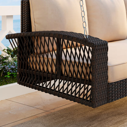 GO 69 PE Wicker 3-Person Porch Swing With Chains, Large Patio Swing Bench With Cushions For Backyard, Garden, And Poolside, Brown
