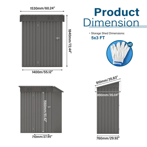 5X3 FT Metal Outdoor Storage Shed, Tool Shed With Pitched Roof And Lockable Door Compact Metal Tool Shed For Garden, Backyard, Patio, Everyday Sundries And Bike Storage, Gray
