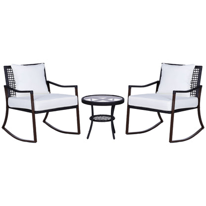 Rattan Bistro Set, 3 Pieces Wicker Garden Furniture Set With Rocking Chairs And Round Glass Top Coffee Table, Small Balcony Furniture With Cushions For Outdoor, Porch, Brown
