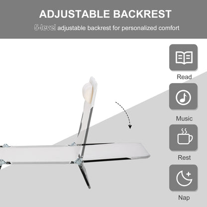 Folding Chaise Lounge Chair, Cream White, 5-Level Adjustable With Headrest, Breathable Mesh For Beach & Patio