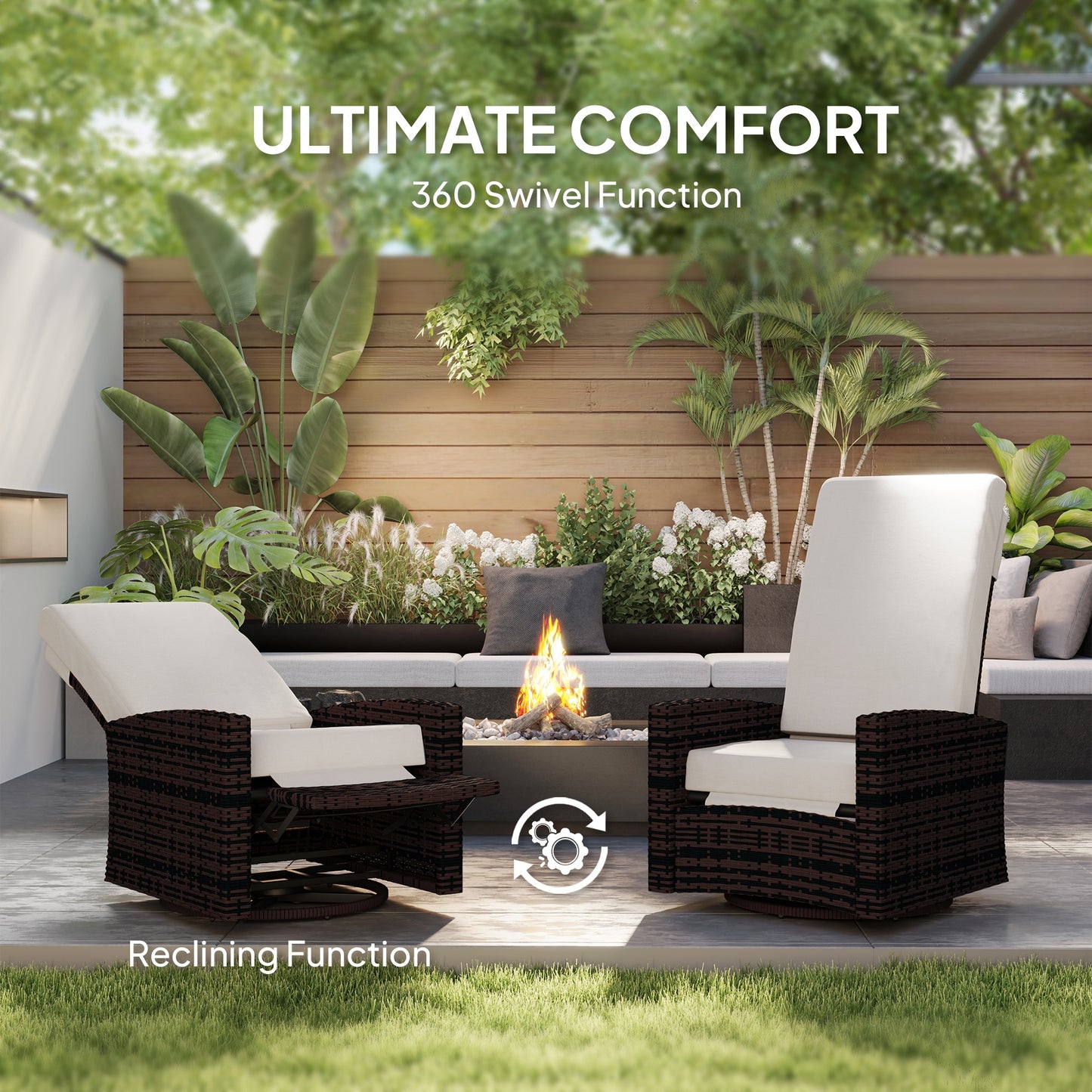 Outdoor Wicker Swivel Recliner Chair, Lifting Footrest, 360 Rotating Basic, Water-resistant Cushions, Khaki