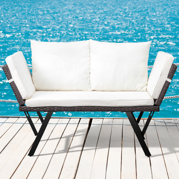 Stretchable Brown Rattan, Beige Cushion, Woven Rattan Bench