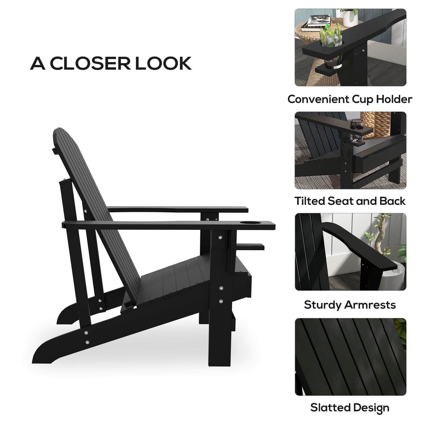 Modern Adirondack Chair With Cupholder Supports 330 Lbs For Patio Garden Lawn Black