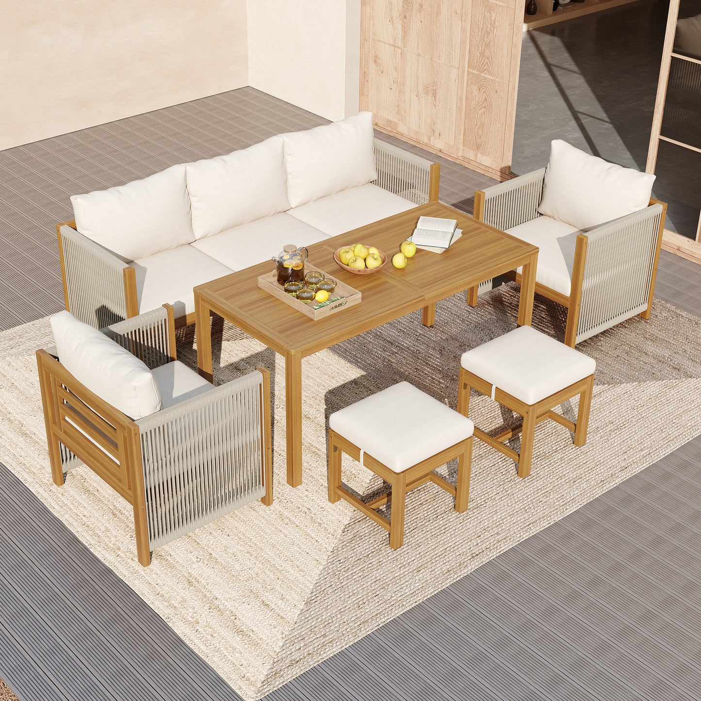 7-Seater Garden Lounge & Dining Set, Acacia Wood Frame Outdoor Patio Furniture, Rope Weaving, Acacia Wood Tabletop, Includes All Chairs & Backrest Cushions, Beige