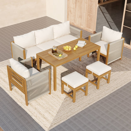 7-Seater Garden Lounge & Dining Set, Acacia Wood Frame Outdoor Patio Furniture, Rope Weaving, Acacia Wood Tabletop, Includes All Chairs & Backrest Cushions, Beige