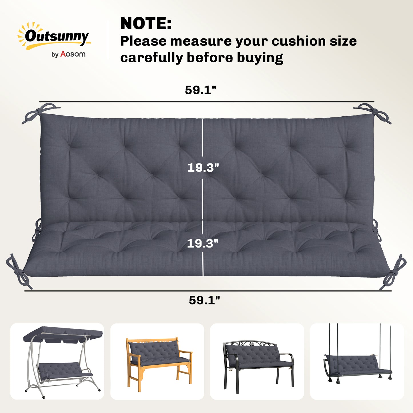 59" X 38" Tufted Bench Cushion For Outdoor Furniture, 3-Seater Replacement For Swing Chair, Patio Sofa/Couch, Dark Gray
