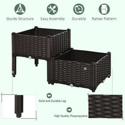 Set Of 2 26L Garden Raised Bed Elevated Patio Flower Plant Planter Box PP Vegetables Planting Container, Brown