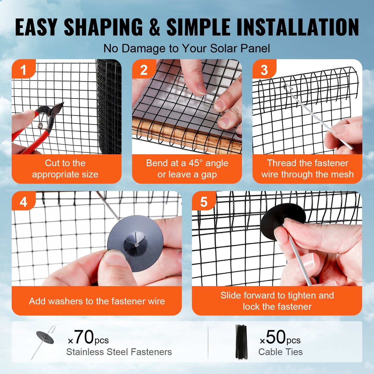 8 Inch X 100ft Solar Panel Bird Guard, Critter Guard Roll Kit With 70pcs Aluminum Alloy Fasteners, Solar Panel Guard With Rust-proof PVC Coating, 1/2 Inch Wire Roll Mesh
