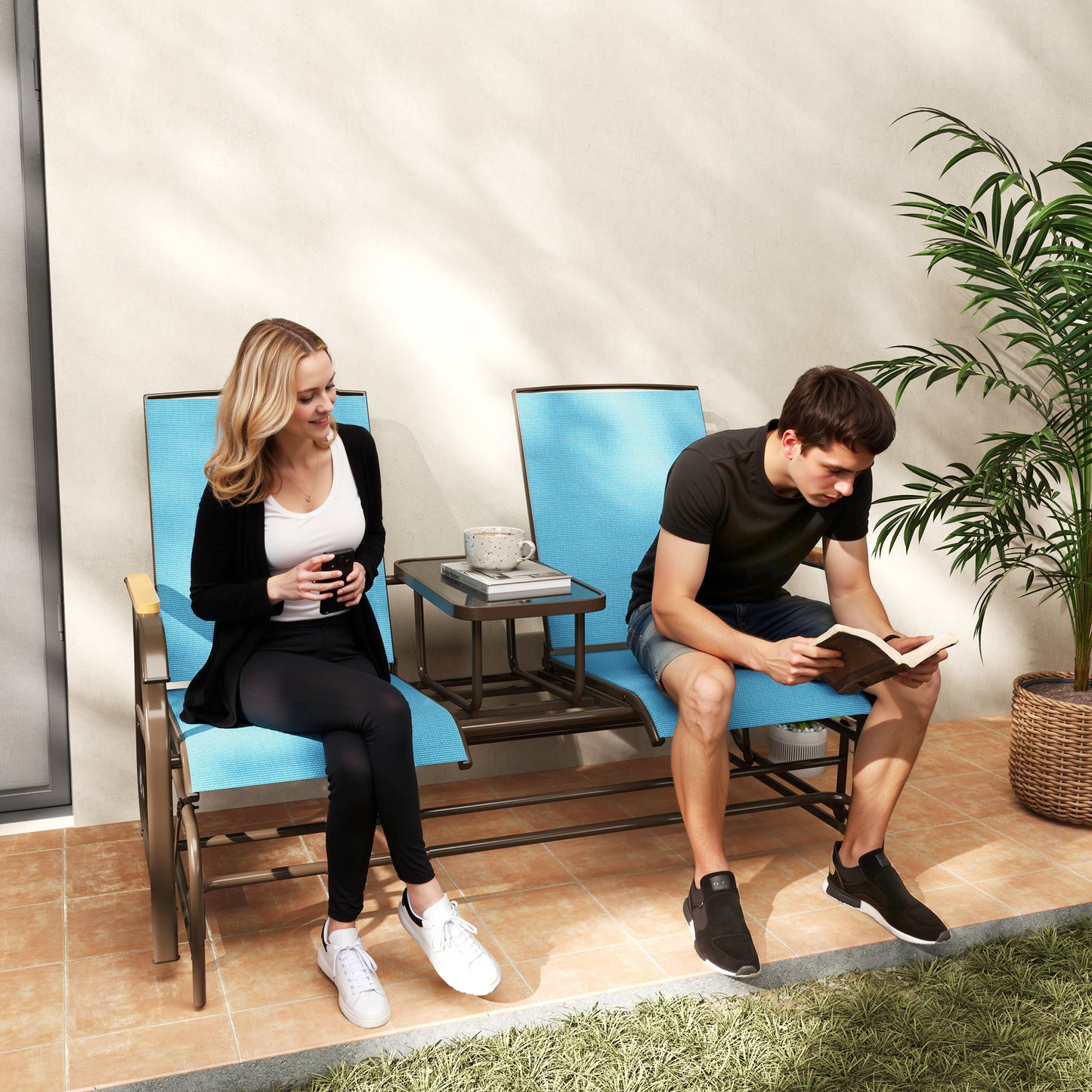 Outdoor 2-Person Glider Bench, Outside Glider Swing Chair Loveseat With Table, Steel Frame, Blue